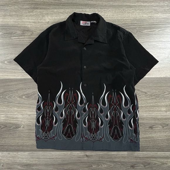 Vintage Y2K Flames Button Up Shirt Adult Small (Youth XL) Skater Cyber Chrome - Picture 1 of 4